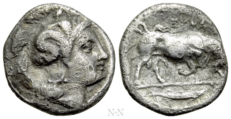 LUCANIA. Thourioi. Triobol (Circa 350-300 BC). 

Obv: Head of Athena right, we...