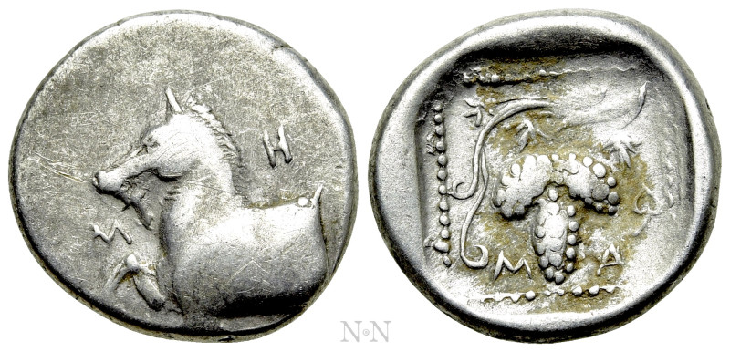 THRACE. Maroneia. Triobol (Circa 377-365 BC). 

Obv: M - H - T. 
Forepart of ...