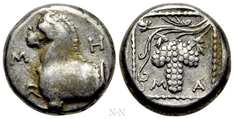 THRACE. Maroneia. Triobol (Circa 377-365 BC). 

Obv: M - H - T. 
Forepart of ...