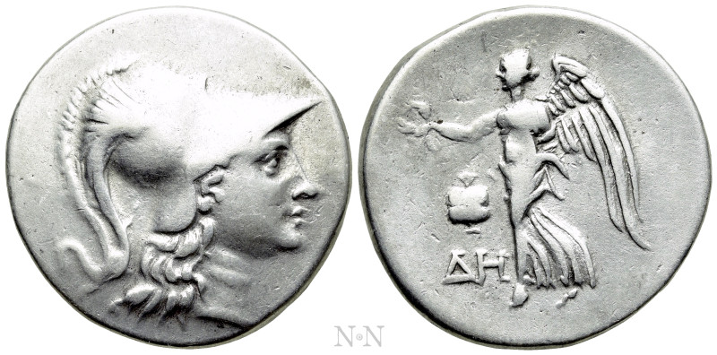 PAMPHYLIA. Side. Tetradrachm (Circa 205-100 BC). De-, magistrate. 

Obv: Head ...