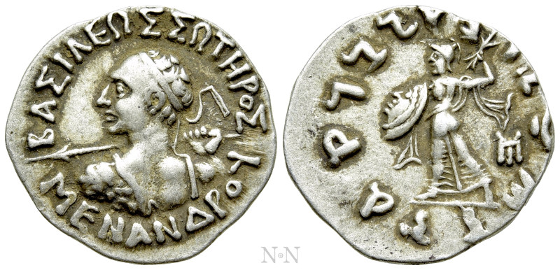 KINGS OF BAKTRIA. Menander I Soter (Circa 155-130 BC). Drachm. 

Obv: ΒΑΣΙΛΕΩΣ...