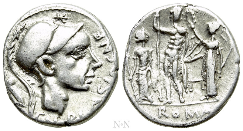 Cn. BLASIO CN. F. Denarius (112-111 BC). Rome. 

Obv: CN BLASIO CN F. 
Helmet...