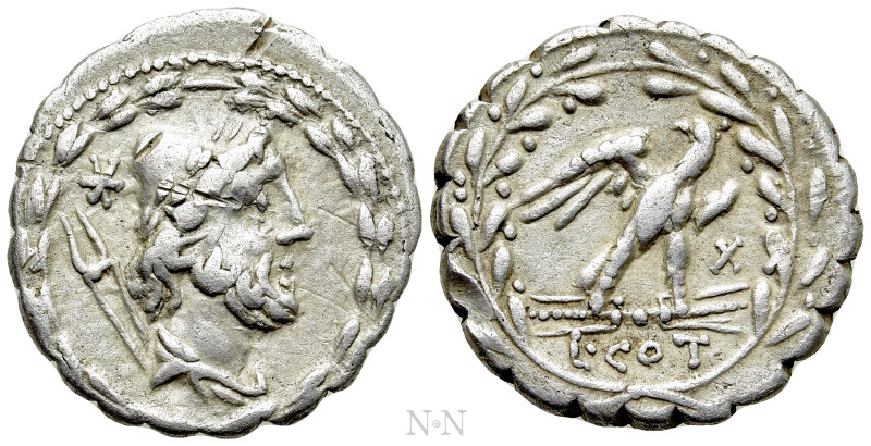 LUCIUS AURELIUS COTTA (105 BC). Serrate Denarius. Rome. 

Obv: Draped bust of ...