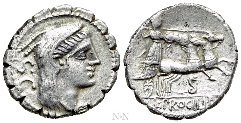 L. PROCILIUS. Serrate Denarius (80 BC). Rome. 

Obv: Head of Juno Sospita righ...