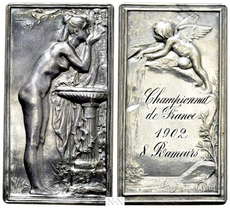 FRANCE. Silver Plaquette (1902). By D. Dupuis. "La Source". 

Obv: Woman stand...