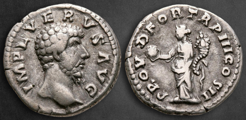 Lucius Verus AD 161-169. Rome
Denarius AR

18 mm, 3,36 g

IMP L VERVS AVG, ...