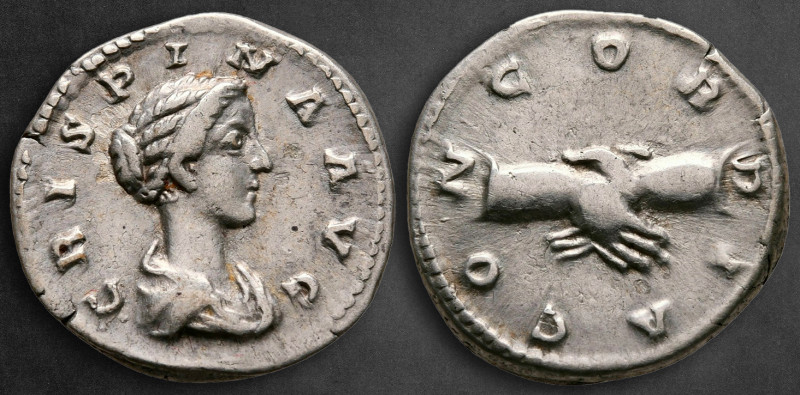 Crispina. Augusta AD 178-182. Rome
Denarius AR

19 mm, 3,18 g

CRISPINA AVG...