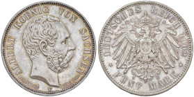 GERMANIA Sassonia Albert (1873-1902) 5 Marchi 1902 E - KM 1256 AG (g 27,77) Segnetti al D/. Bella patina.
FDC