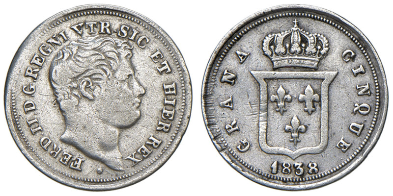 NAPOLI Ferdinando II di Borbone (1830-1859) 5 Grana 1838 - Nom. 1077 AG (g 1,13)...