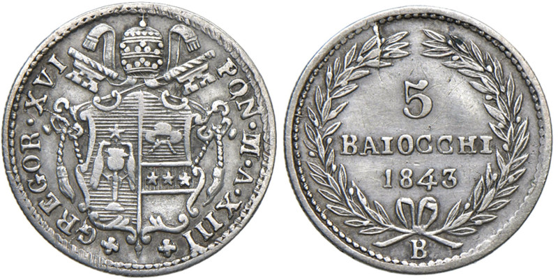 Gregorio XVI (1831-1846) Bologna - 5 Baiocchi 1843 An. XIII - MIR 33e AG (g 1,31...