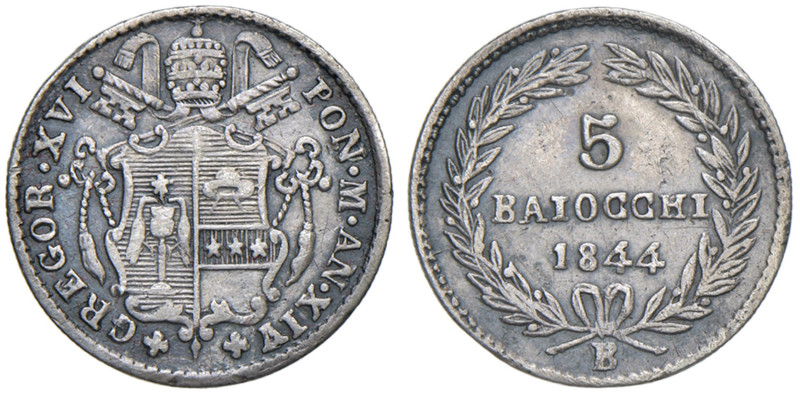 Gregorio XVI (1831-1846) Bologna - 5 Baiocchi 1844 An. XIV - MIR 33g AG (g 1,32)...