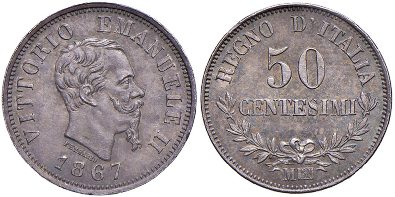 Vittorio Emanuele II (1861-1878) 50 Centesimi 1867 M valore - Nomisma 929 AG 
F...