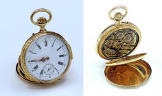 Orologio da tasca con ripetizione ore e quarti, doppia cassa in oro giallo 18kt, con diametro da 51mm, n. di cassa 4286. Dial smaltato bianco con nume...