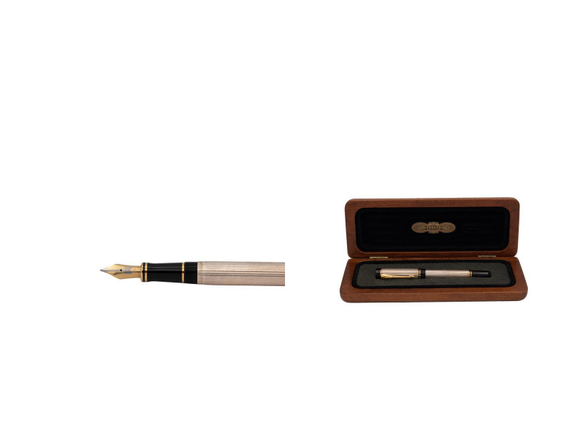 PARKER -Penna stilografica- Duofold. Corpo argentato, pennino M in oro bicolore ...