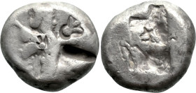 Greek
ACHAEMENID EMPIRE. Time of Darios I to Xerxes II (485-420 BC). Sardes.
AR Siglos (14.8mm 5.45g)
Obv: Persian king in kneeling-running stance ...