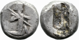 Greek
ACHAEMENID EMPIRE. Time of Darios I to Xerxes II (485-420 BC). Sardes.
AR Siglos (14.1mm 4.67g)
Obv: Persian king in kneeling-running stance ...