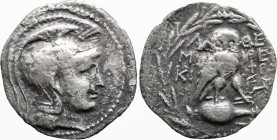 Greek
ATTICA. Athens. (169-168 BC). New Style coinage. Miki[...] and Theophra[...], magistrates.
AR Drachm (18.6mm 3.38g)
Obv: Helmeted head of Ath...