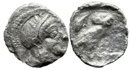 Greek
ATTICA. Athens. (Circa 454-404 BC).
AR Obol (8.9mm 0.6g)
Obv: Helmeted head of Athena right.
Rev: AΘE.Owl standing right, head facing; olive...