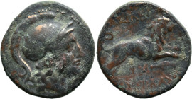 Greek
KINGS of THRACE. Macedonian. Lysimachos (305-281 BC)
AE Bronze (19.9mm 4.42g).
Obv: Helmeted head of Athena right
Rev: Lion running right; m...