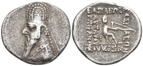 Greek
KINGS of PARTHIA. Mithradates II (96/5-93/2 BC). Ekbatana
AR Drachm (25.4mm 3.94g)
Obv: Diademed and draped bust to left, wearing tiara decor...