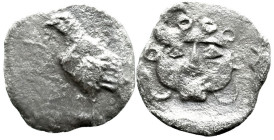 Greek
TROAS. Abydos. (Circa 480-450 BC).
AR Obol (11mm 0.46g)
Obv: ABY. Eagle standing left, [star to right].
Rev: Facing gorgoneion, with tongue ...