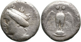 Greek
PONTOS. Amisos. (Circa 4th century BC).
AR Drachm (14.7mm 3.7g)
Obv: Head of Hera left, wearing mural crown.
Rev: Owl, with wings spread, st...