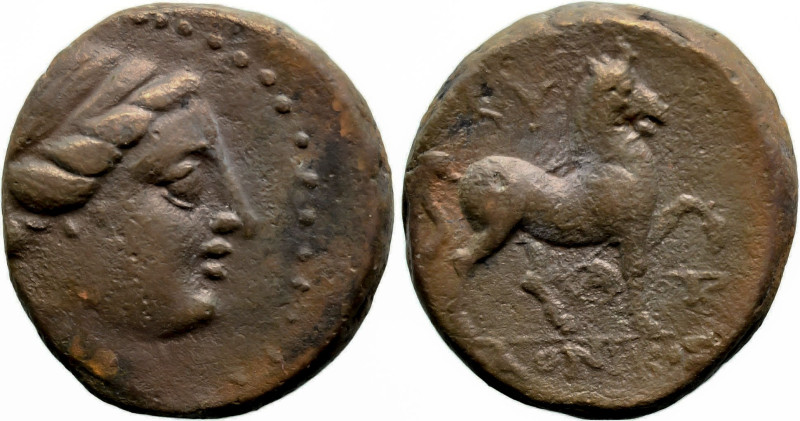 Greek
AEOLIS. Kyme. (250-190 BC).
AE Bronze (19.4mm 8.08g)
Obv: Head of Amazo...