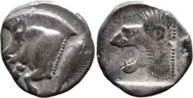 Greek
MYSIA. Kyzikos. (Circa 450-400 BC).
AR Diobol (10.2mm 1.18g)
Obv: Forepart of boar left; to right, tunny upwards.
Rev: Head of lion left wit...