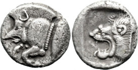 Greek
MYSIA. Kyzikos. (Circa 450-400 BC).
AR Diobol (9.9mm 0.92g)
Obv: Forepart of boar left; to right, tunny upwards.
Rev: Head of lion left with...