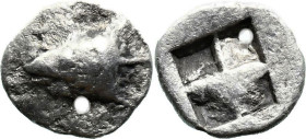 Greek
MYSIA. Kyzikos. (Circa 520-480 BC).
AR Obol (8.8mm 0.54g)
Obv: Head of tunny right, swallowing another fish
Rev: Quadripartite incuse square...