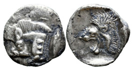 Greek
MYSIA. Kyzikos. (Circa 450-400 BC)
AR Obol (11mm 0.83g)
Obv: Forepart of boar left, with E (retrograde) on shoulder; to right, tunny upward....