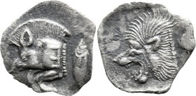 Greek
MYSIA. Kyzikos. (Circa 450-400 BC).
AR Obol (13mm 0.76g).
Obv: Forepart of boar left, E (retrograde) on shoulder; tunny to right
Rev: Head o...