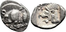 Greek
MYSIA. Kyzikos. (Circa 450-400 BC)
AR Obol (10.6mm 0.89g)
Obv: Forepart of boar left; tunny to right.
Rev: Head of roaring lion left; retrog...
