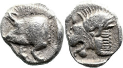 Greek
MYSIA. Kyzikos. (Circa 450-400 BC)
AR Obol (9.5mm 0.84g)
Obv: Forepart of boar left; tunny to right.
Rev: Head of roaring lion left; retrogr...