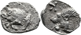 Greek
MYSIA. Kyzikos (Circa 450-400 BC)
AR Obol (10.2mm 0.8g)
Obv: Forepart of boar left; tunny to right.
Rev: Head of roaring lion left; retrogra...