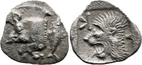 Greek
MYSIA. Kyzikos. (Circa 450-400 BC)
AR Obol (10.2mm 0.77g)
Obv: Forepart of boar left; tunny to right.
Rev: Head of roaring lion left; retrog...