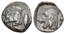 Greek
MYSIA. Kyzikos. (Circa 450-400 BC).
AR Obol (12.4mm 0.78g)
Obv: Forepart of boar left, with E (retrograde) on shoulder; to right, tunny upwar...