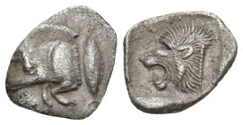 Greek
MYSIA. Kyzikos. (Circa 500 BC).
AR Obol (11.7mm 0.87g)
Obv: Forepart of boar left; to right, tunny upward.
Rev: Head of roaring lion left wi...