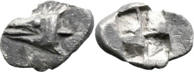 Greek
MYSIA. Kyzikos. (Circa 550-480 BC).
AR Hemiobol (9.8mm 0.41g)
Obv: Head of tunny left, swallowing another fish
Rev: Quadripartite incuse squ...
