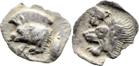 Greek
MYSIA. Kyzikos. (Circa 450-400 BC).
AR Hemiobol (9.5m 0.37g).
Obv: Forepart of a boar left, retrograde K on its shoulder; to right, tunny upw...
