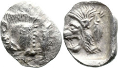 Greek
MYSIA. Kyzikos. (Circa 450-400 BC).
AR Hemiobol (9.3mm 0.4g)
Obv: Head of lion left; behind, tunny upward
Rev: Forepart of boar left; to rig...