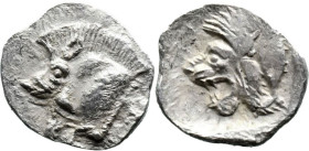 Greek
MYSIA. Kyzikos. (Circa 450-400 BC).
AR Hemiobol (8.8mm 0.37g)
Obv: Head of lion left; behind, tunny upward
Rev: Forepart of boar left; to ri...