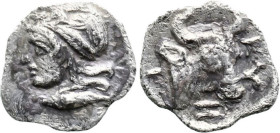Greek
MYSIA. Kyzikos. (Circa 450-400 BC).
AR Hemiobol (8.5mm 0.34g)
Obv: Head of Attis to left, wearing Phrygian cap; below, tunny fish to left
Re...