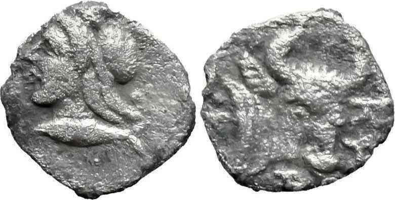 Greek
MYSIA. Kyzikos. ( Circa 450-400 BC).
AR Hemiobol (7.8mm 0.28g)
Obv: Hea...
