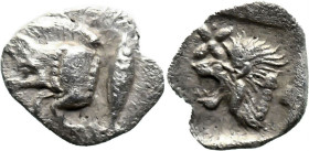 Greek
MYSIA. Kyzikos. (Circa 450-400 BC).
AR Hemiobol (9.7mm 0.38g)
Obv: Forepart of boar left; to right, tunny upward.
Rev: Head of roaring lion ...
