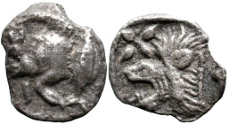 Greek
MYSIA. Kyzikos. (Circa 450-400 BC).
AR Hemiobol (8.9mm 0.35g)
Obv: Forepart of boar left; to right, tunny upward.
Rev: Head of roaring lion ...