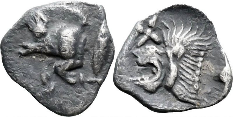 Greek
MYSIA. Kyzikos. (Circa 450-400 BC).
AR Hemiobol (8.8mm 0.37g)
Obv: Fore...