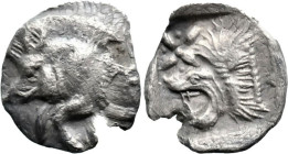 Greek
MYSIA. Kyzikos. (Circa 450-400 BC).
AR Hemiobol (9mm 0.38g)
Obv: Forepart of boar left; to right, tunny upward.
Rev: Head of roaring lion le...