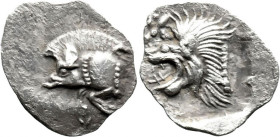 Greek
MYSIA. Kyzikos. (Circa 450-400 BC).
AR Hemiobol (9.3mm 0.38g)
Obv: Forepart of boar left; to right, tunny upward.
Rev: Head of roaring lion ...