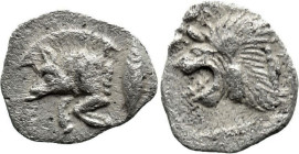 Greek
MYSIA. Kyzikos. (Circa 450-400 BC).
AR Hemiobol (8.5mm 0.31g)
Obv: Forepart of boar left; to right, tunny upward.
Rev: Head of roaring lion ...